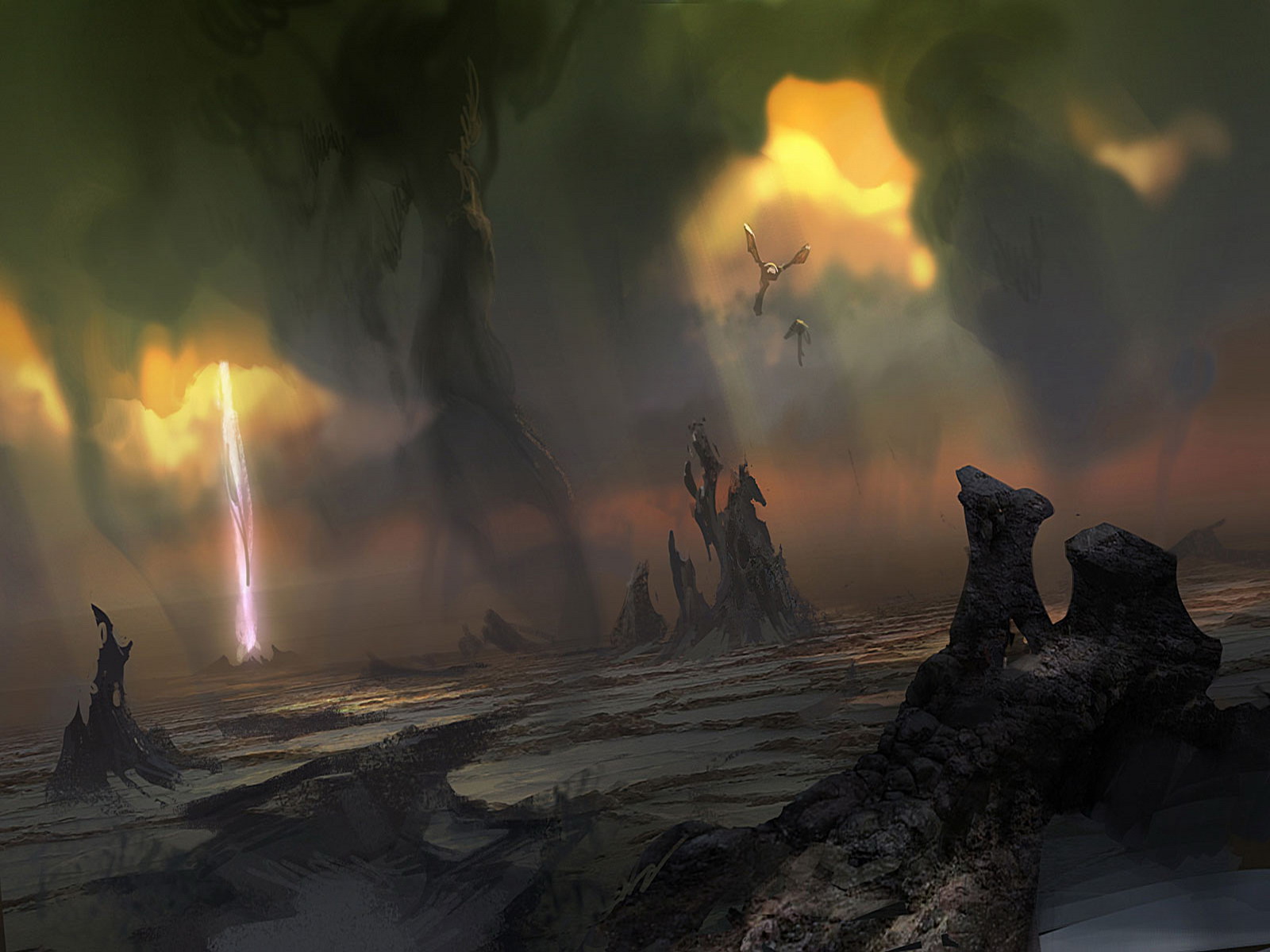 StarCraft II Zerg Landscape Wallpaper with glowing crystal, rocky alien terrain, and flying creatures