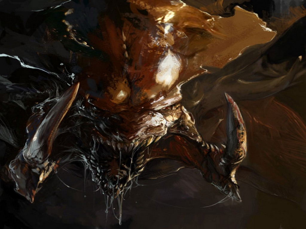 StarCraft II Zerg Creature Wallpaper with dark alien face, sharp armor, and monstrous details
