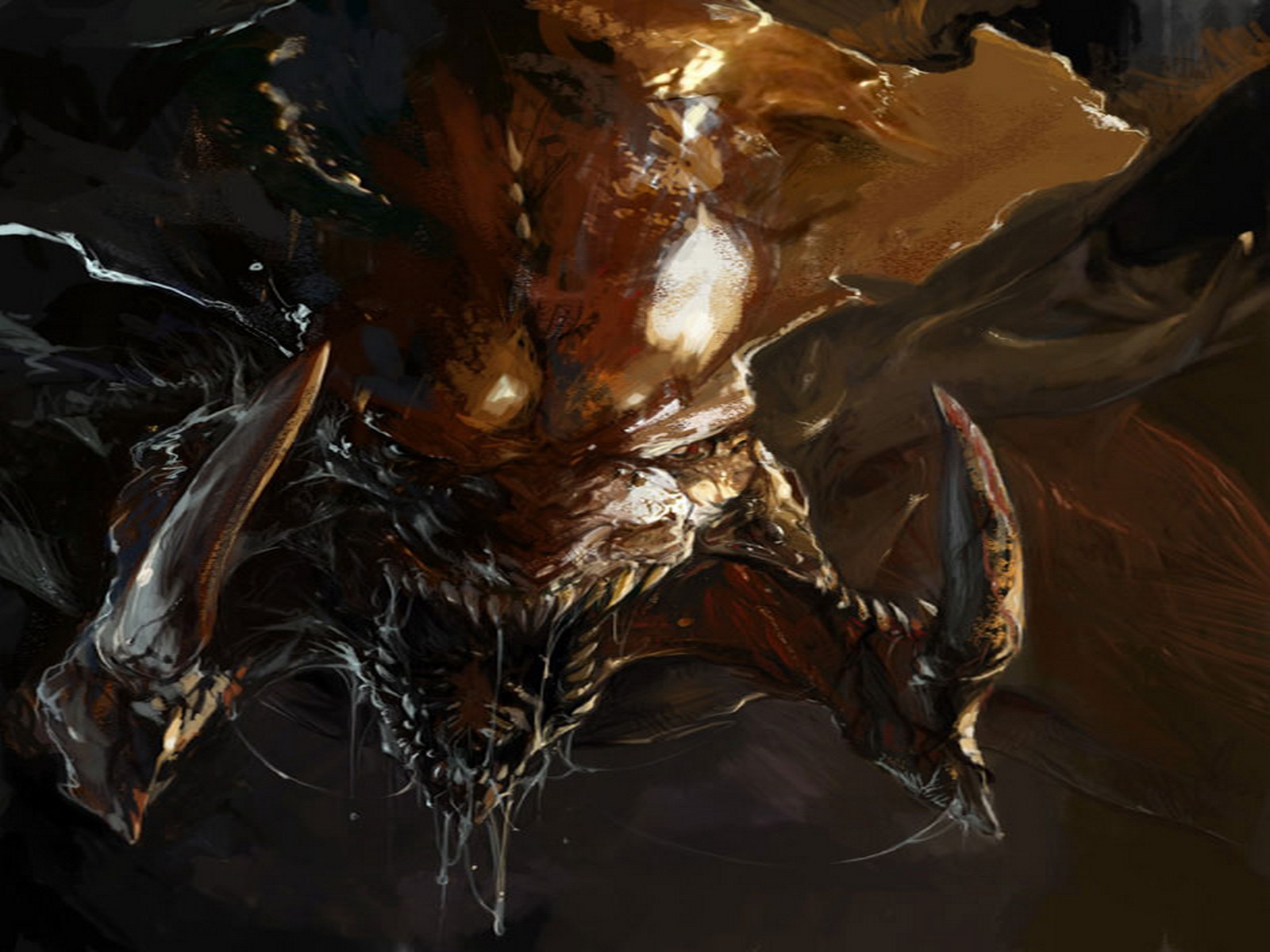 StarCraft II Zerg Creature Wallpaper with dark alien face, sharp armor, and monstrous details