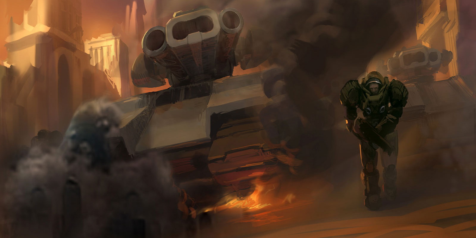 StarCraft II Terran Battle Wallpaper with armored vehicle, soldier, smoke, and orange battlefield light