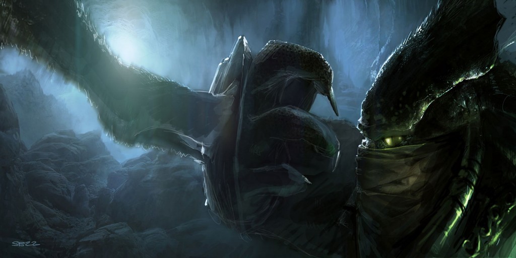 StarCraft II Protoss Warrior Wallpaper with glowing green eye in a blue alien cavern