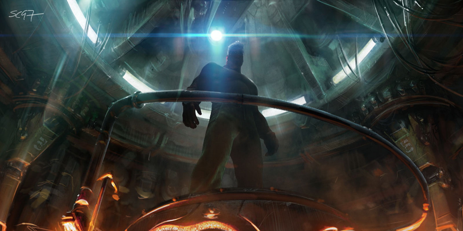 StarCraft II Sci-Fi Chamber Wallpaper with silhouetted figure, blue overhead light, and metal interior