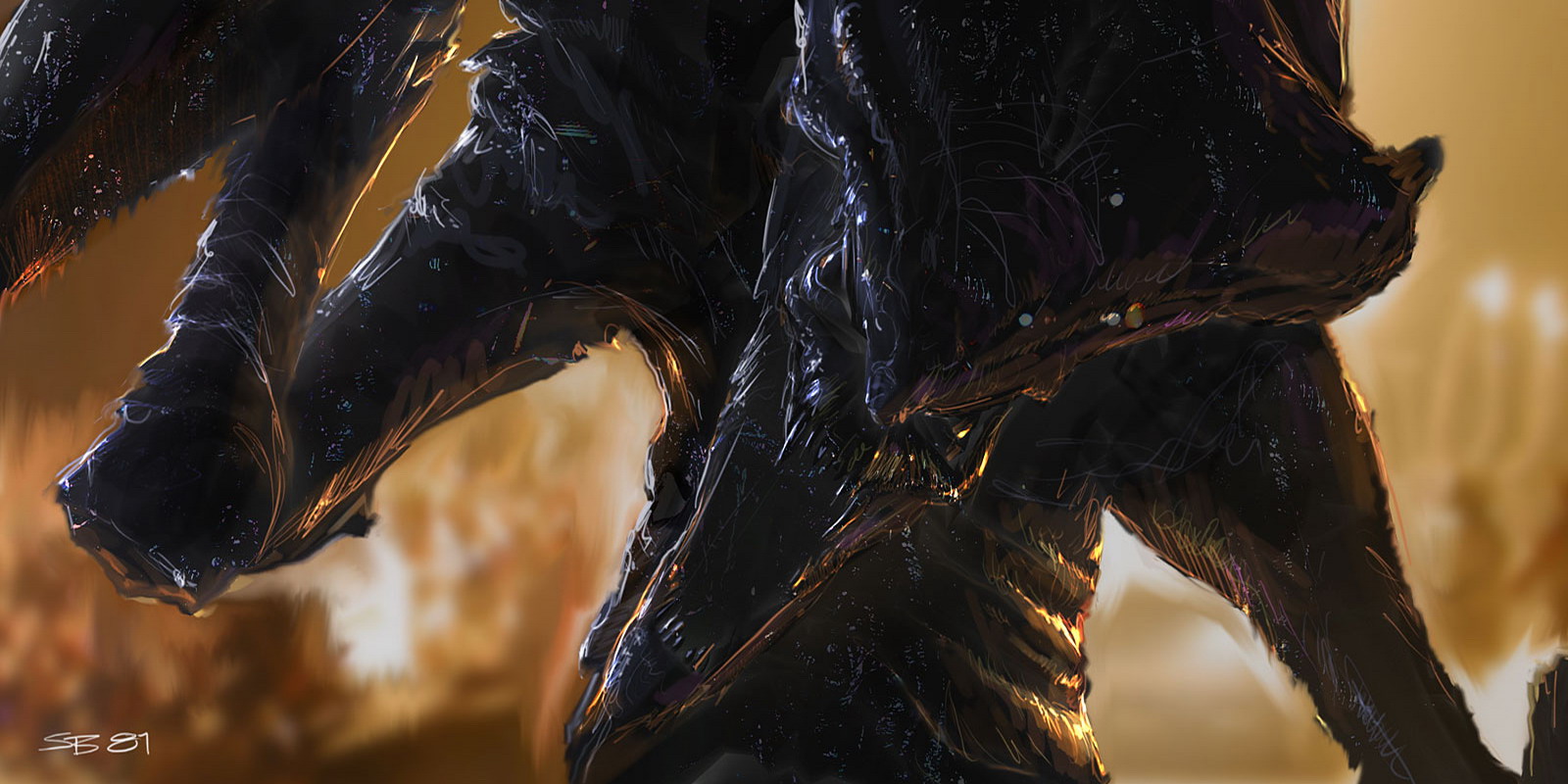 StarCraft II Dark Zerg Wallpaper with shadowy alien shapes and orange glowing highlights
