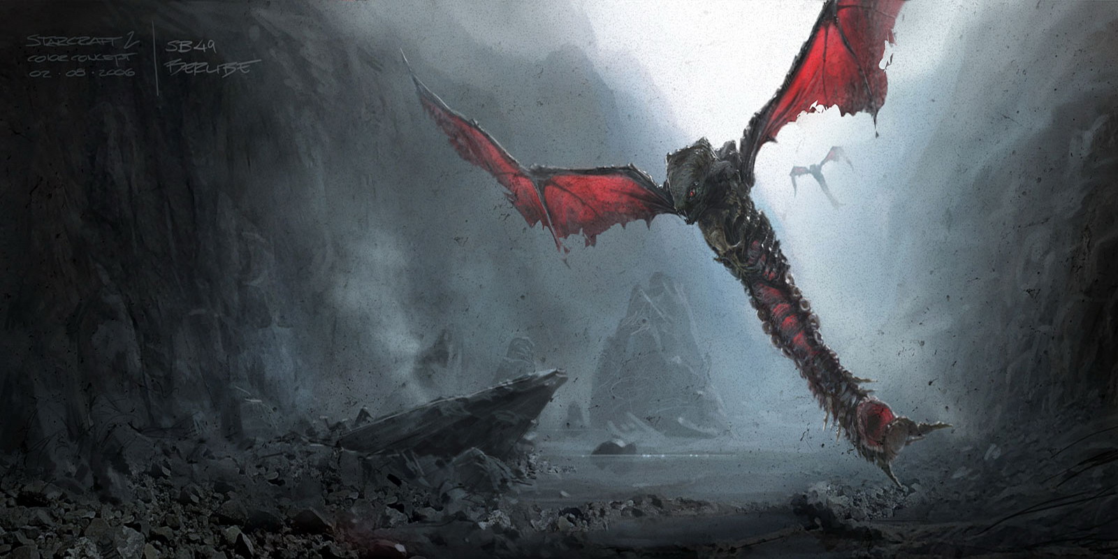 StarCraft II Zerg Mutalisk Wallpaper with red wings flying through a foggy alien wasteland