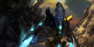 StarCraft II Protoss Fighter Wallpaper with glowing blue armor and rocky alien landscape