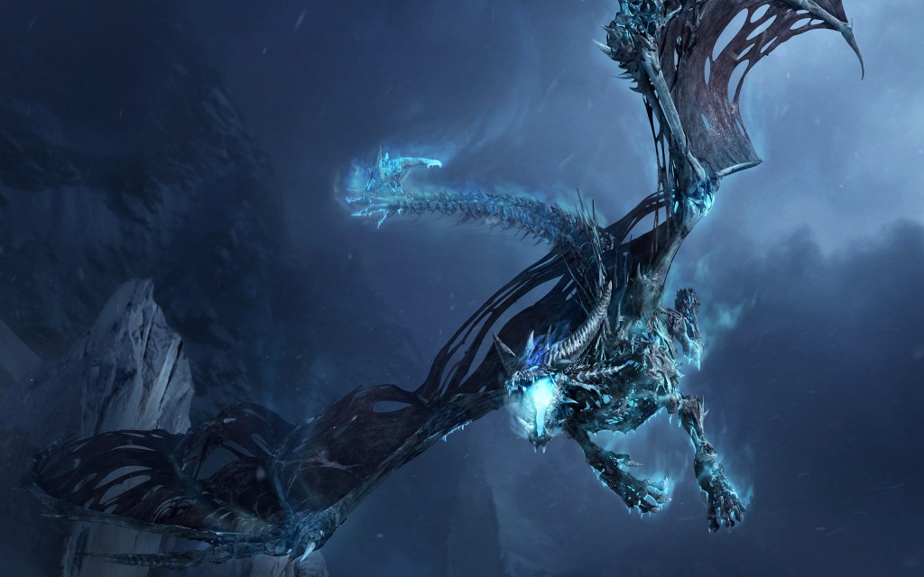 World of Warcraft Frost Dragon Wallpaper with glowing blue wings in a snowy sky