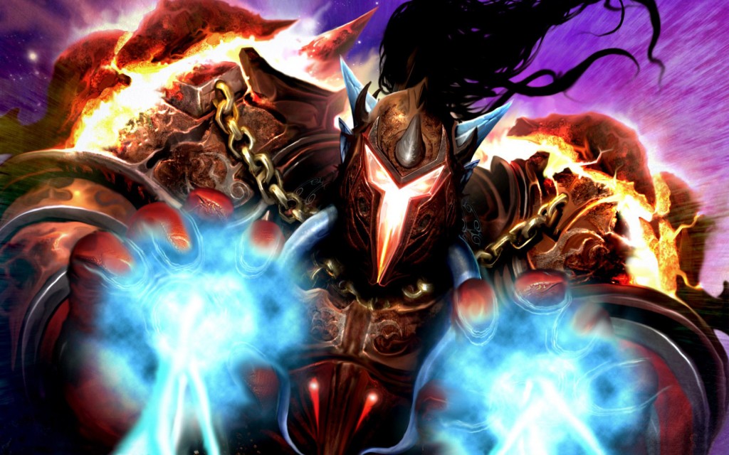 World of Warcraft Dark Caster Wallpaper with glowing blue magic and fiery armor
