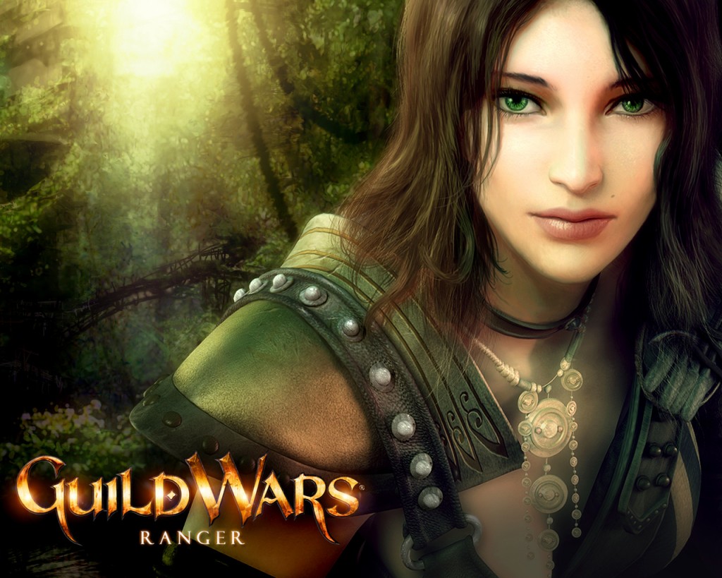 Guild Wars Ranger Portrait Wallpaper with green eyes, leather armor, and forest background
