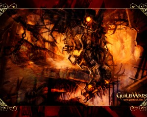 Guild Wars Fiery Construct Wallpaper with glowing orange eye and blazing dark fantasy scene