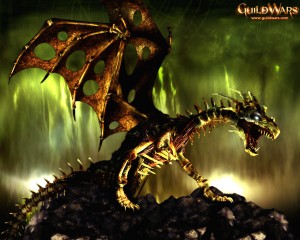 Guild Wars Dragon Wallpaper with skeletal winged creature and glowing green fantasy background