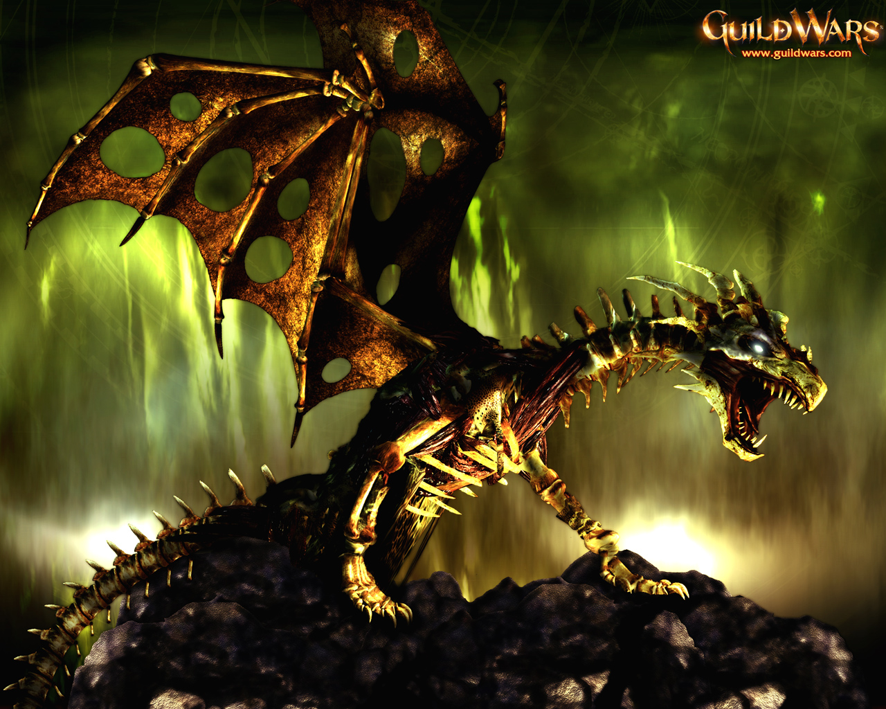 Guild Wars Dragon Wallpaper with skeletal winged creature and glowing green fantasy background