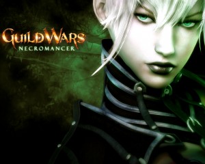 Guild Wars Necromancer Wallpaper with green eyes, white hair, and dark fantasy background