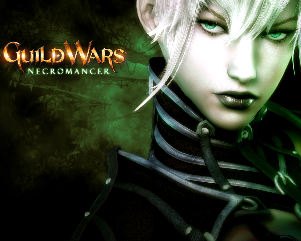 Guild Wars Necromancer Wallpaper with green eyes, white hair, and dark fantasy background