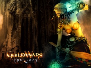Guild Wars Factions Ritualist Wallpaper with blindfolded character, teal magic, and dark ruins