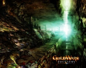 Guild Wars Factions City Wallpaper with green glowing cityscape and towering fantasy walls