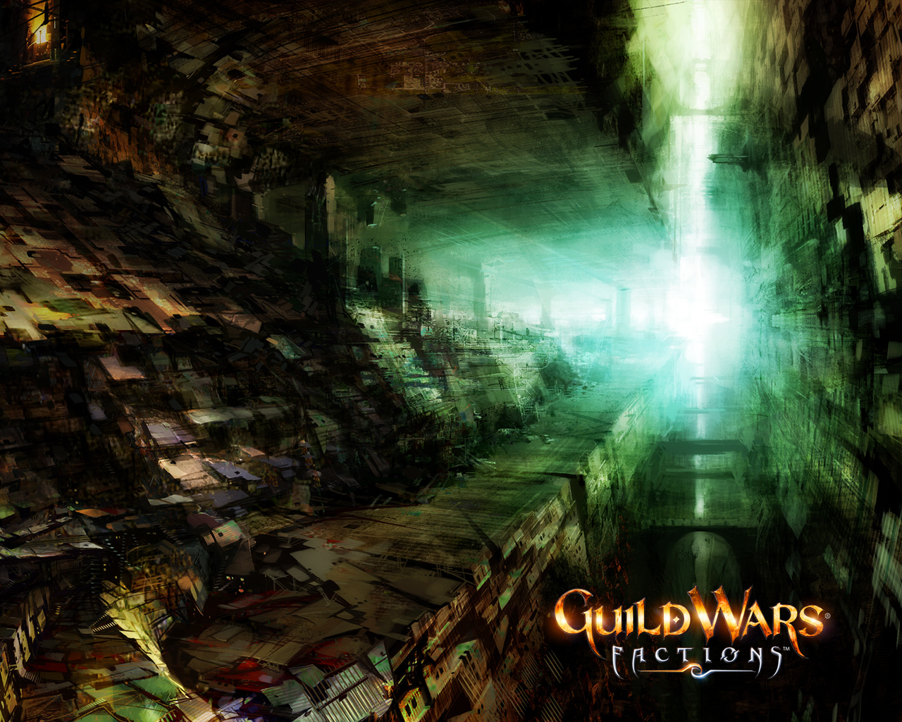 Guild Wars Factions City Wallpaper with green glowing cityscape and towering fantasy walls
