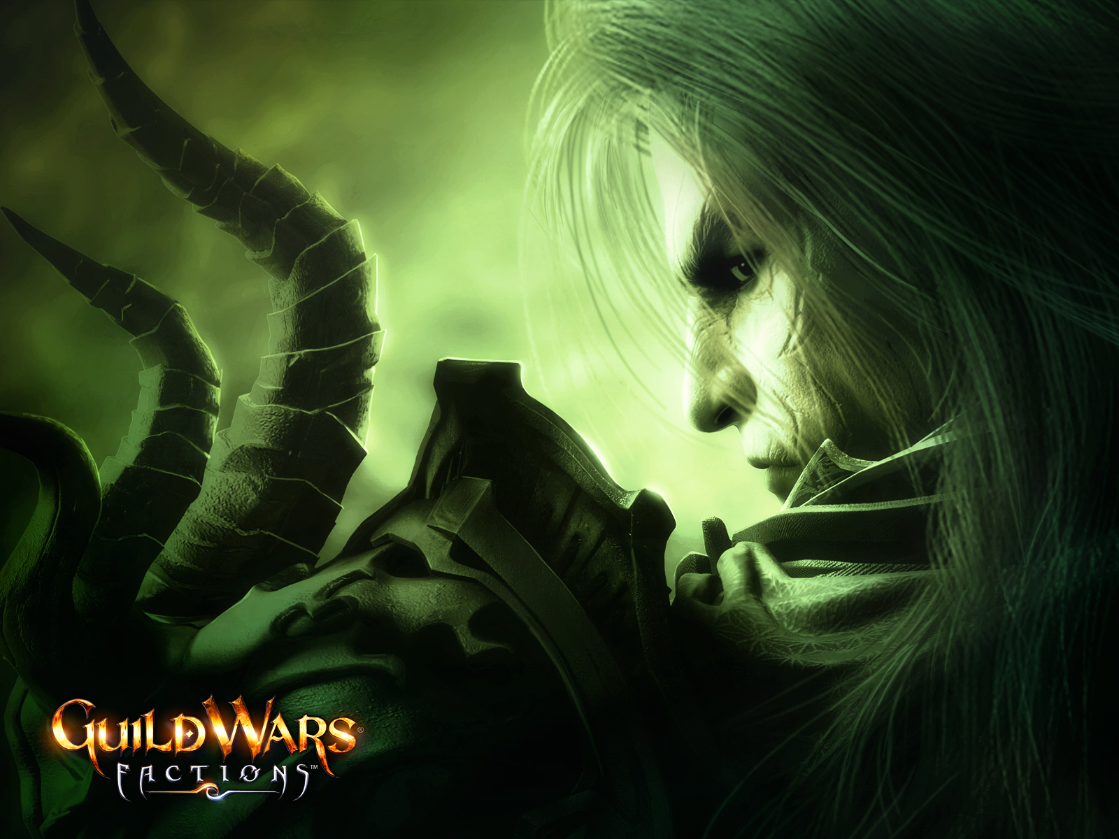 Guild Wars Factions Green Portrait Wallpaper with shadowy face, horned armor, and green light
