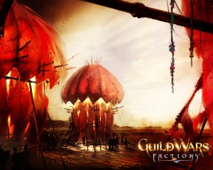 Guild Wars Factions Red Market Wallpaper with red canopies, warm light, and small figures