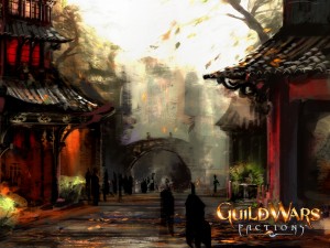 Guild Wars Factions City Street Wallpaper with red buildings, glowing light, and shadowy figures