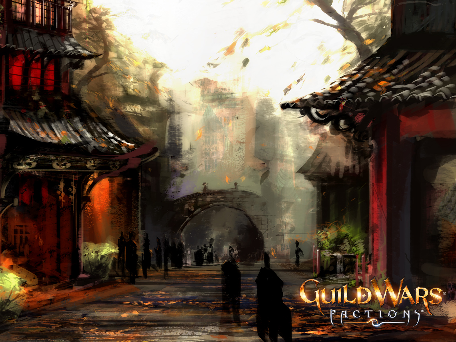 Guild Wars Factions City Street Wallpaper with red buildings, glowing light, and shadowy figures