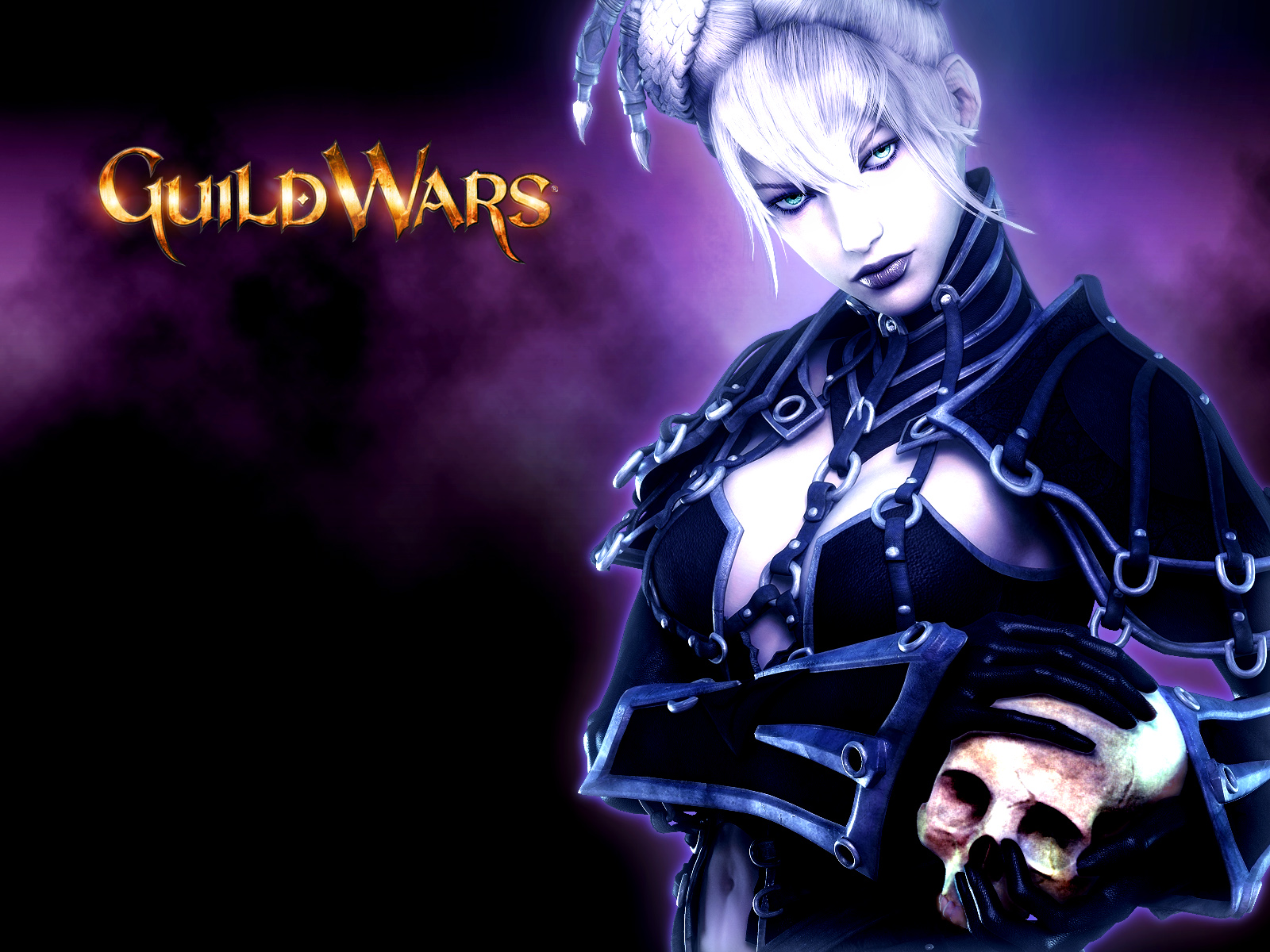Guild Wars Necromancer Skull Wallpaper with white-haired character holding a skull