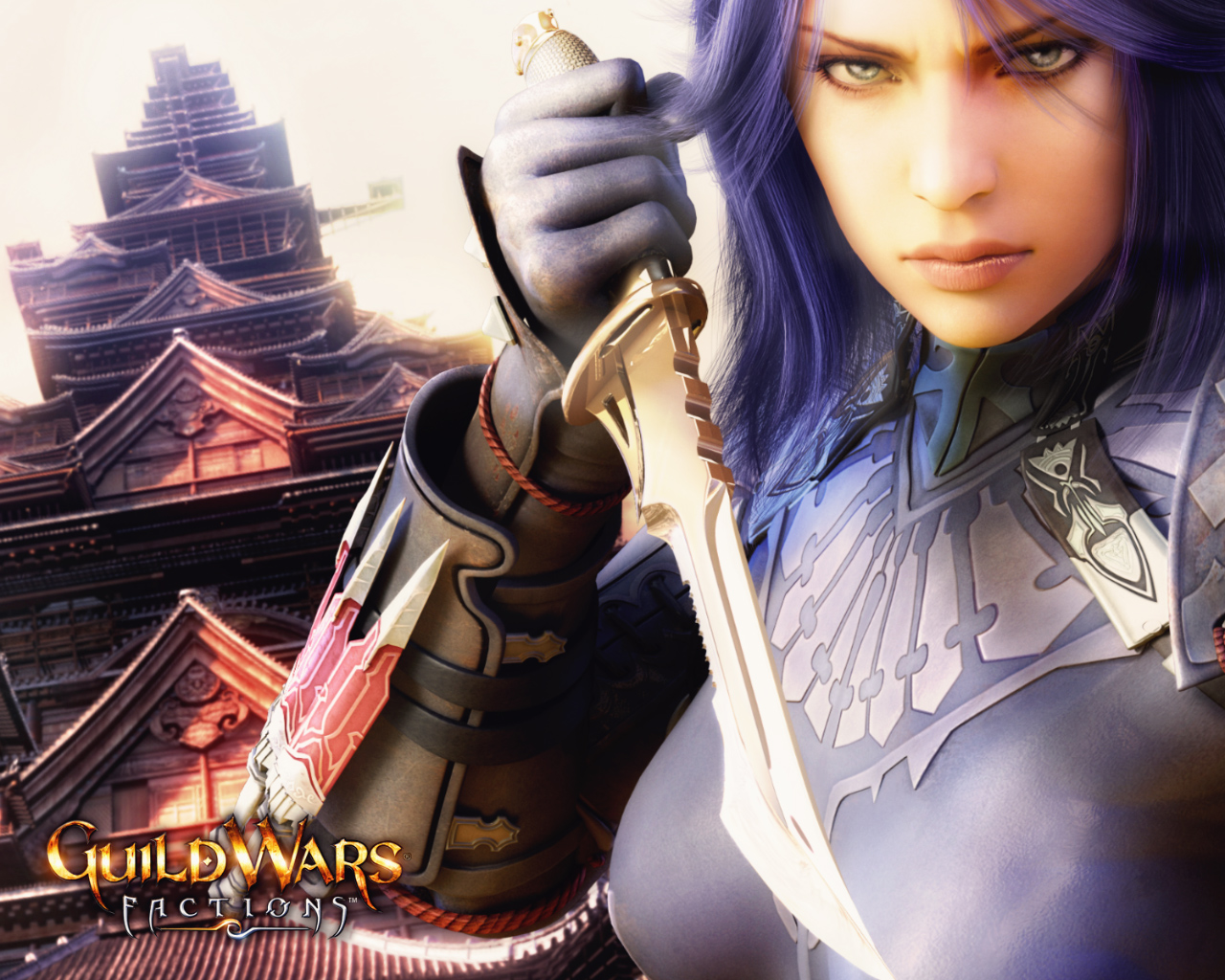 Guild Wars Factions Assassin Wallpaper with blue-haired warrior holding a blade