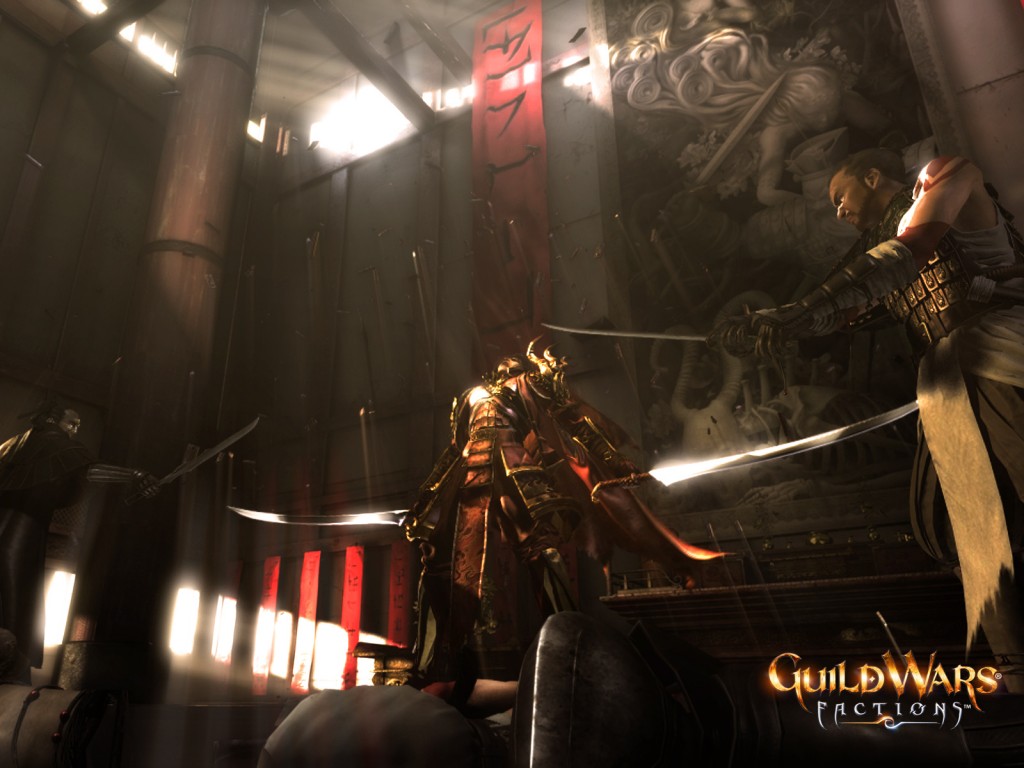 Guild Wars Factions Wallpaper with fantasy warriors in sword duel scene