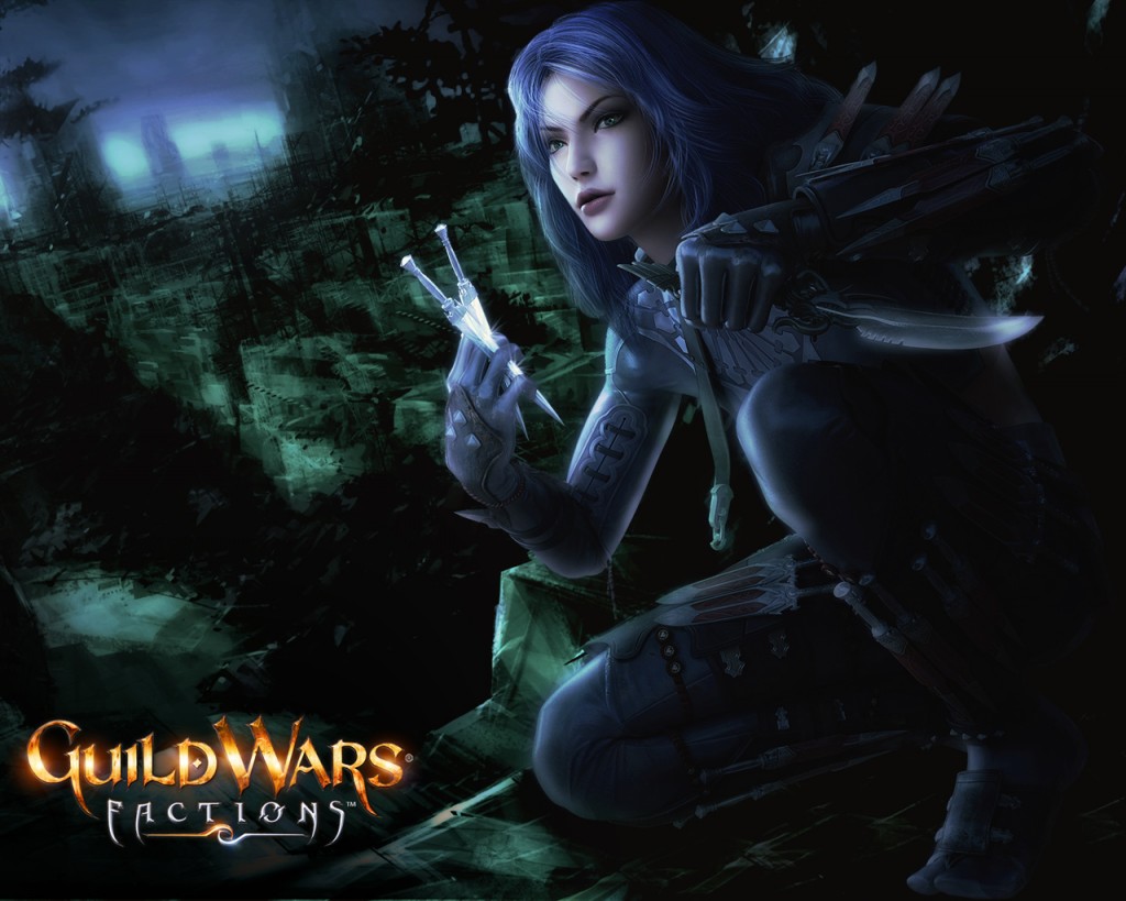 Guild Wars Factions Blue Assassin Wallpaper with blue-haired warrior holding glowing blades