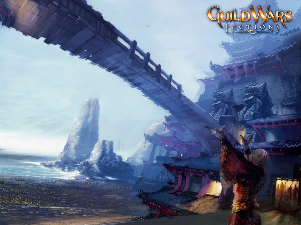 Guild Wars Factions Bridge Wallpaper with wooden bridge, misty coast, and temple architecture