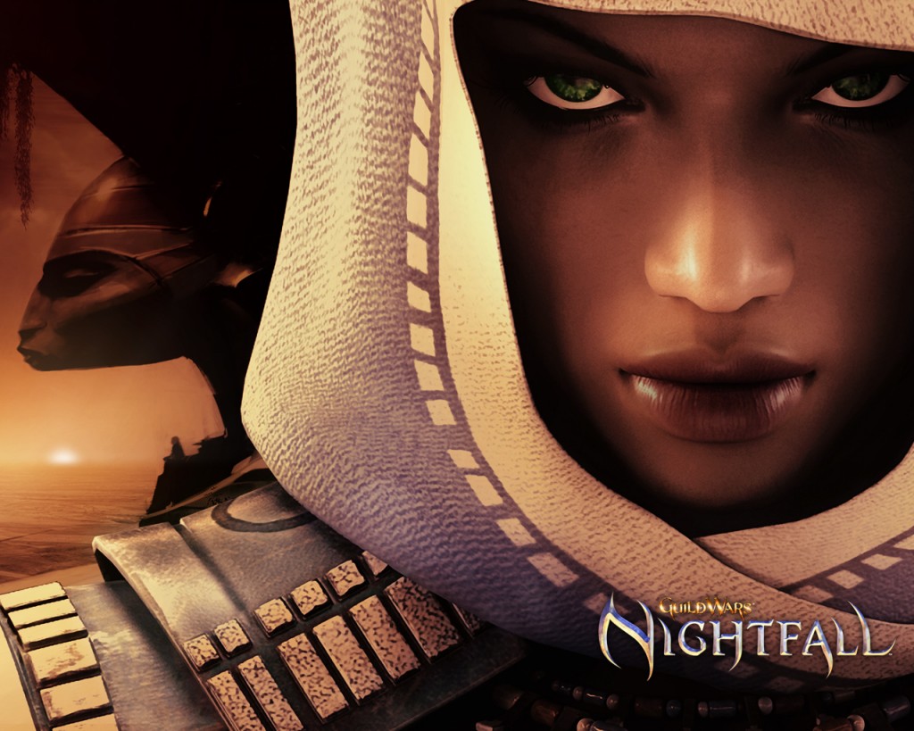 Guild Wars Nightfall Hooded Heroine Wallpaper with green eyes, white hood, and desert background