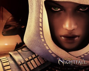 Guild Wars Nightfall Hooded Heroine Wallpaper with green eyes, white hood, and desert background