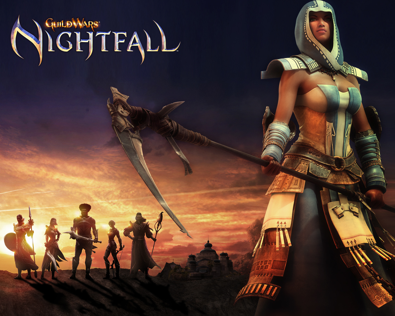 Guild Wars Nightfall Dervish Heroes Wallpaper with scythe heroine and party at sunset