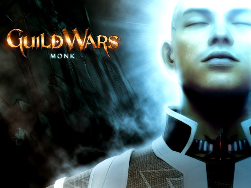 Guild Wars Monk Wallpaper with glowing face, closed eyes, and blue-white fantasy light