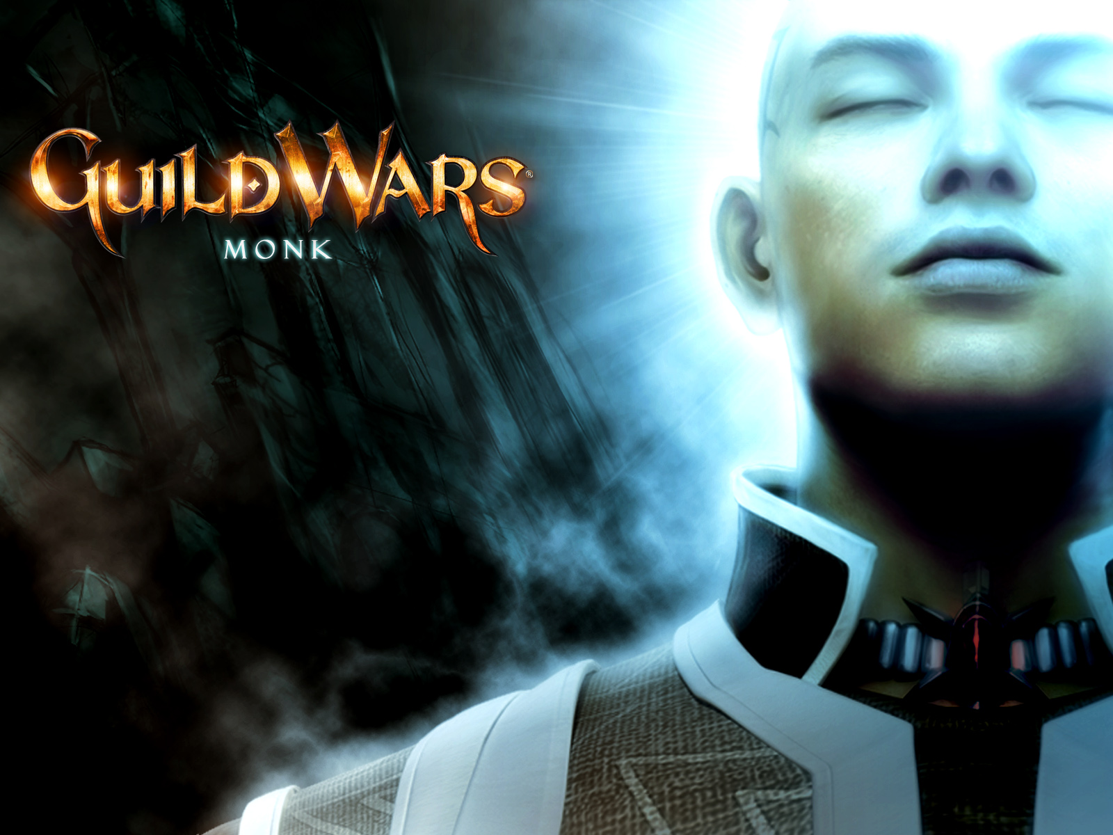 Guild Wars Monk Wallpaper with glowing face, closed eyes, and blue-white fantasy light