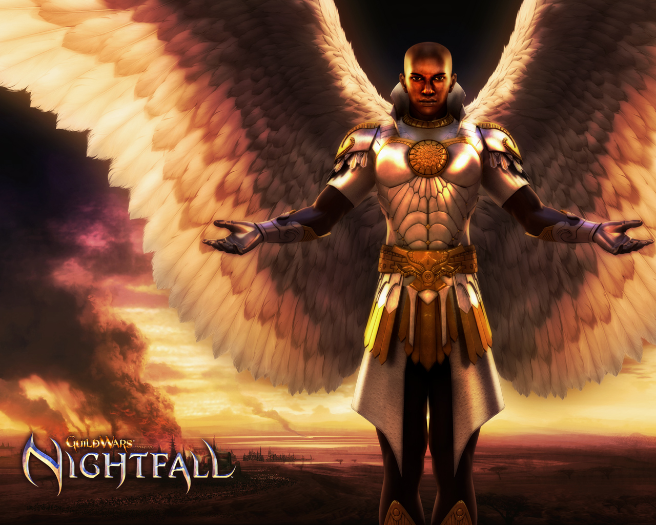 Guild Wars Nightfall Winged Hero Wallpaper with golden armor, feathered wings, and sunset sky