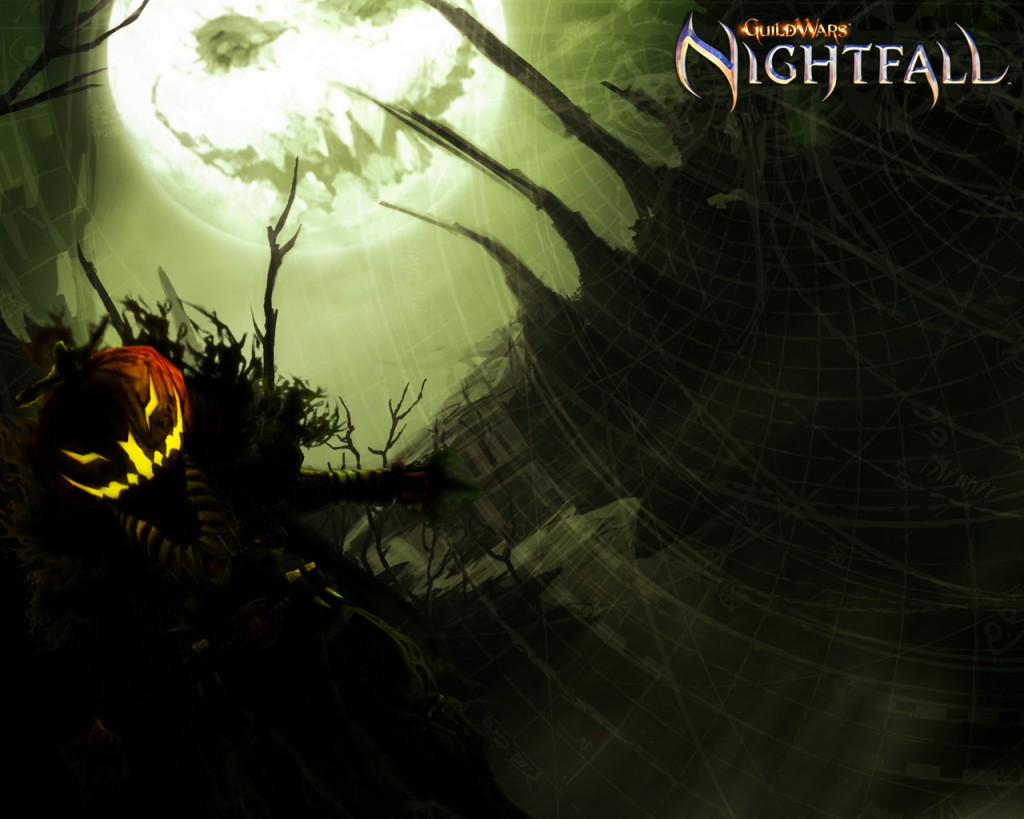 Guild Wars Nightfall Scarecrow Wallpaper with glowing pumpkin face and green moonlit fantasy scene