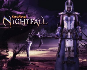 Guild Wars Nightfall Hooded Dervish Wallpaper with scythe and purple fantasy sky