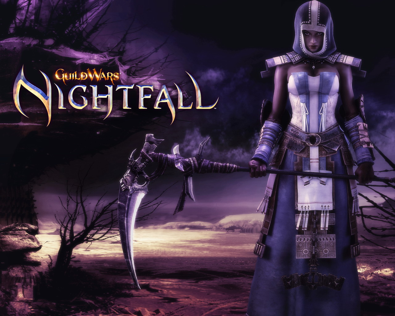 Guild Wars Nightfall Hooded Dervish Wallpaper with scythe and purple fantasy sky