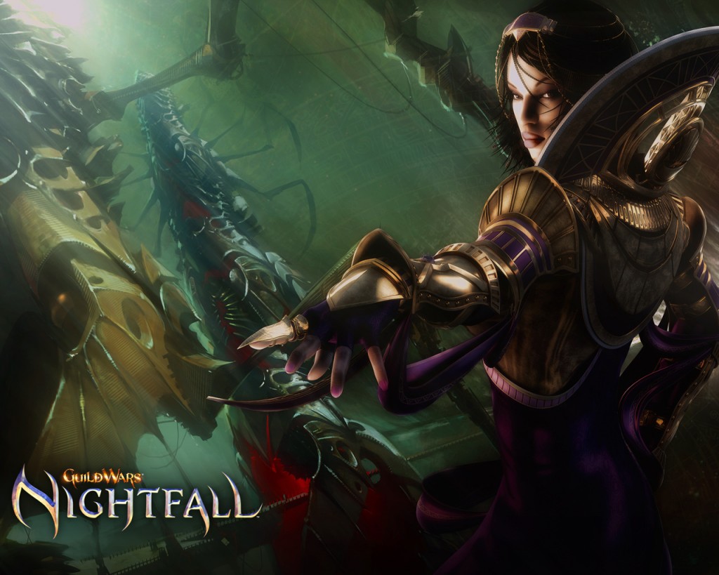 Guild Wars Nightfall Armored Heroine Wallpaper with ornate armor and green fantasy battle scene