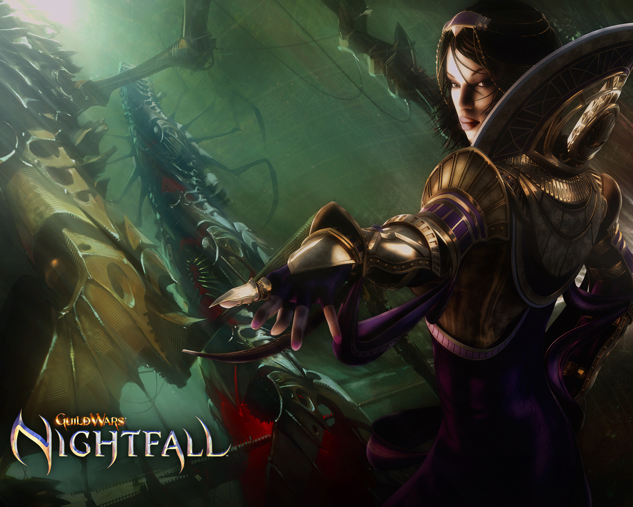 Guild Wars Nightfall Armored Heroine Wallpaper with ornate armor and green fantasy battle scene