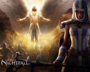 Guild Wars Nightfall Heroes Wallpaper with winged figure, hooded warrior, and golden battlefield light