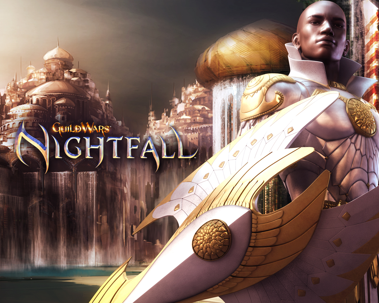 Guild Wars Nightfall Wallpaper with armored hero, golden city, and ornate weapon