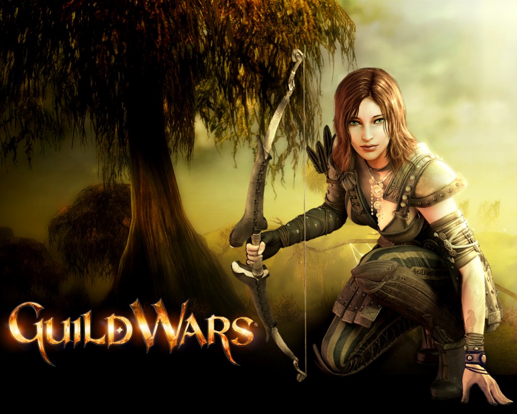 Guild Wars Ranger Wallpaper with female archer holding a bow in green woodland light
