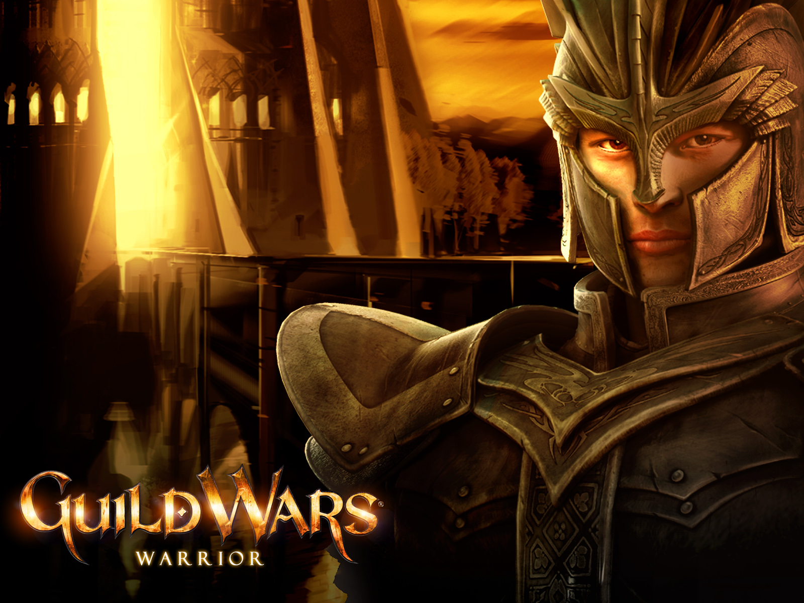 Guild Wars Warrior Wallpaper with helmeted armored fighter and golden fantasy city light
