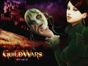 Guild Wars Mesmer Wallpaper with masked fantasy woman and purple background