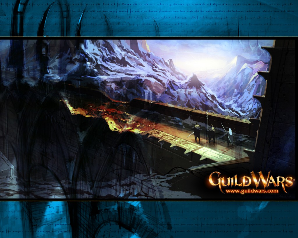 Guild Wars Mountain Landscape Wallpaper with snowy peaks, stone balcony, and small figures