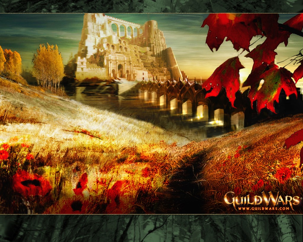 Guild Wars Autumn Landscape Wallpaper with red leaves, golden fields, stone bridge, and fantasy castle