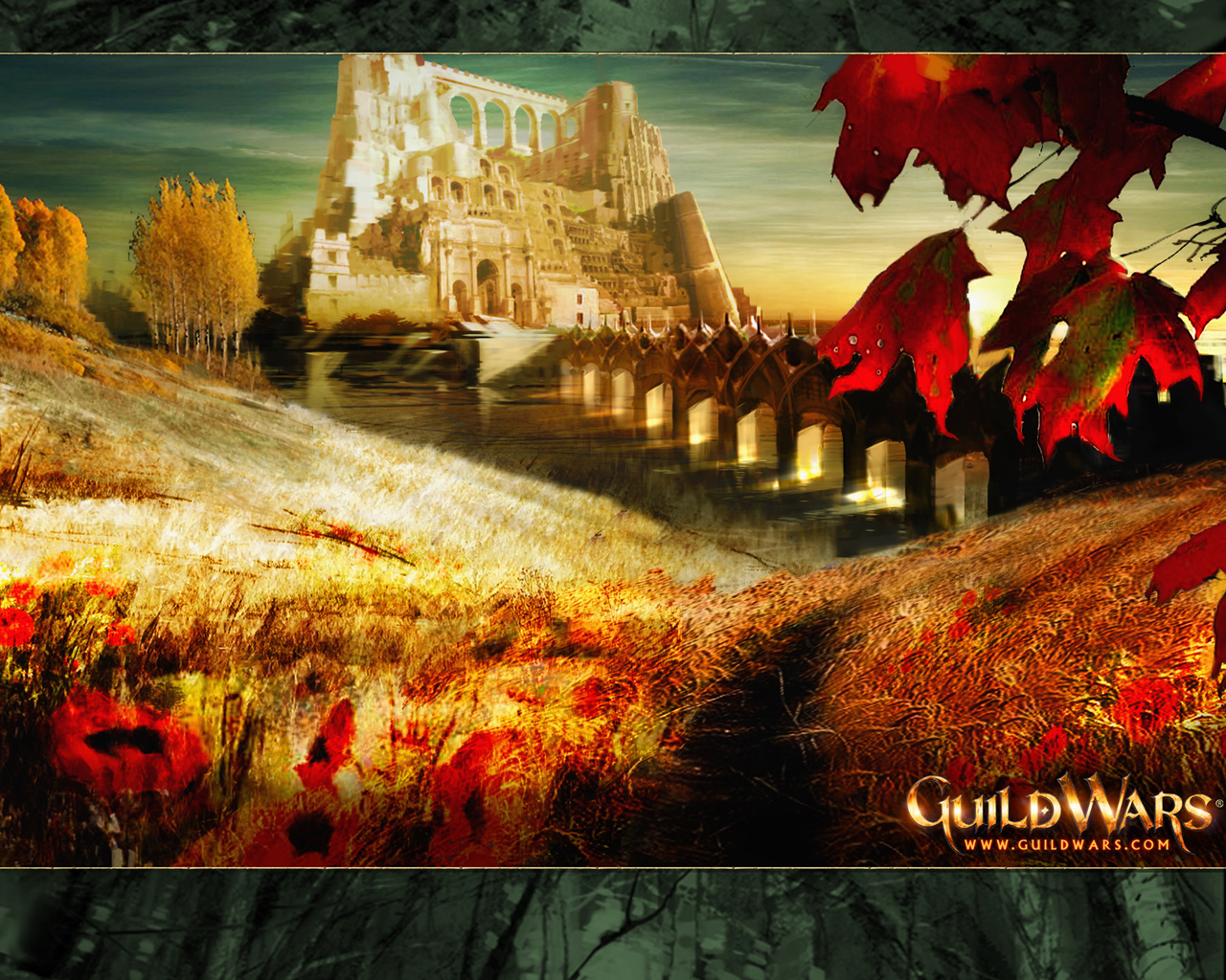 Guild Wars Autumn Landscape Wallpaper with red leaves, golden fields, stone bridge, and fantasy castle