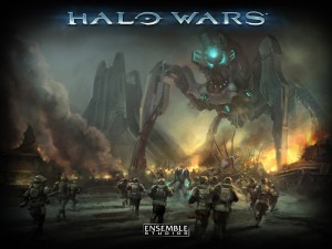 Halo Wars battle wallpaper with UNSC soldiers fighting a giant Covenant walker.