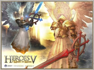 Heroes of Might and Magic V Wallpaper with angelic fantasy warriors and glowing weapons